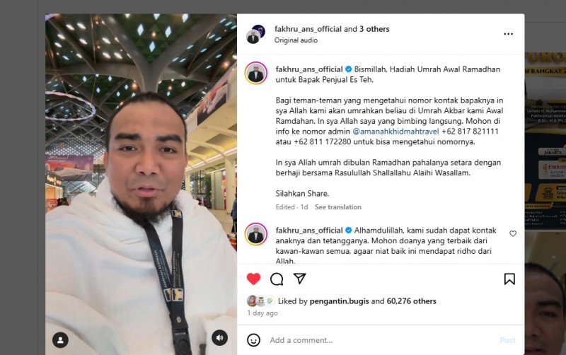Tangkapan Layar Instagram Ust. Fakhru yang Siap Meng'umrahkan Penjual Es Teh Sunhaji